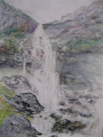 a painting of a waterfall in the mountains